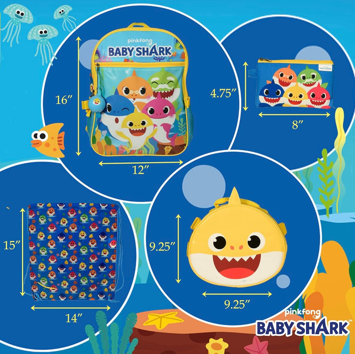 16” Baby Shark 5 Piece Backpack Set