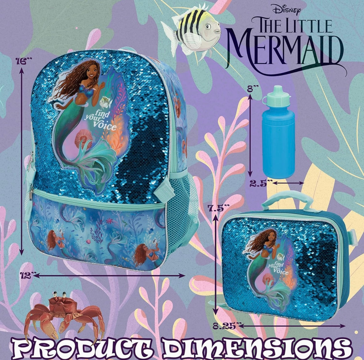 16” Little Mermaid 4 Piece Backpack Set