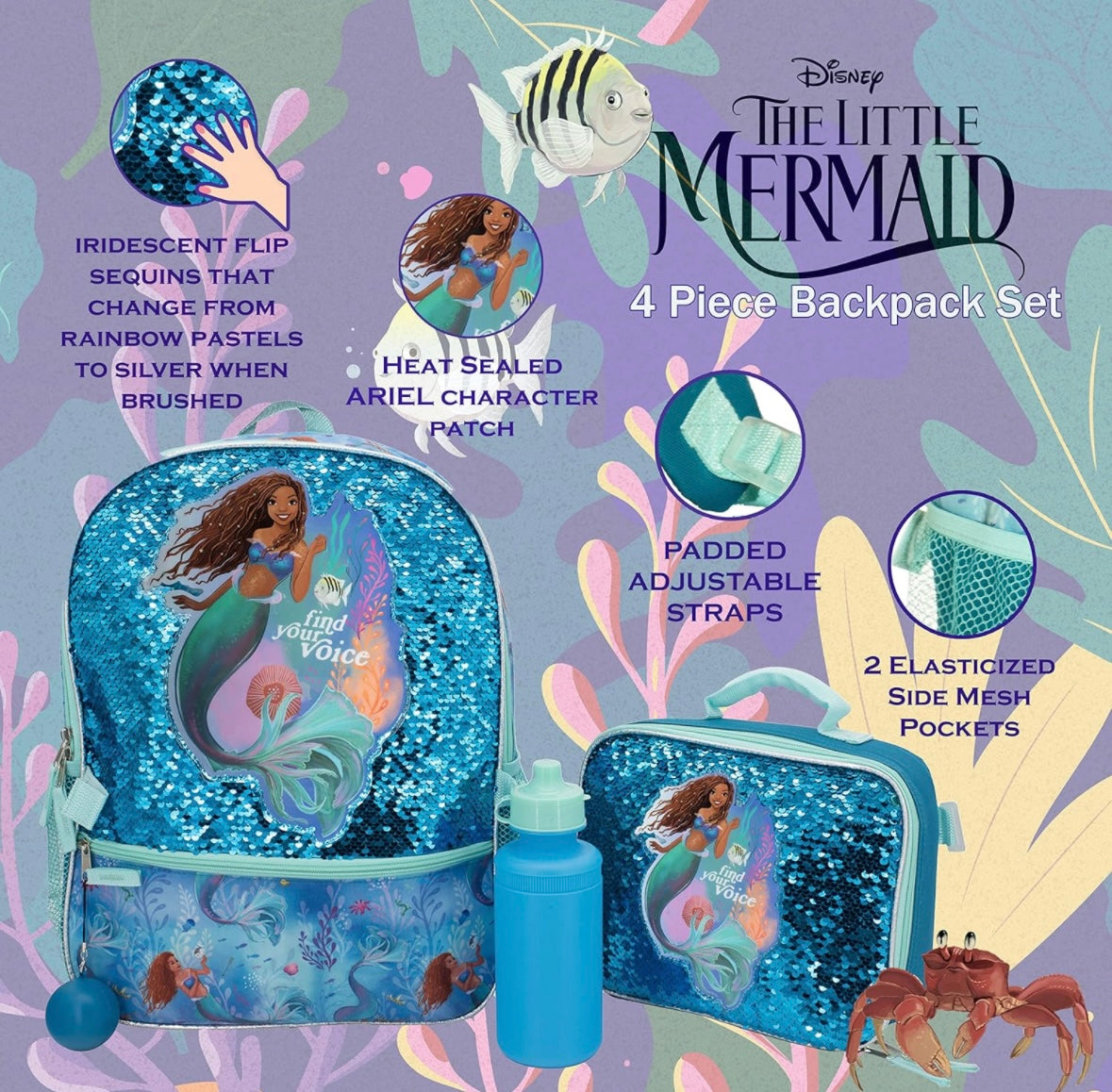 16” Little Mermaid 4 Piece Backpack Set