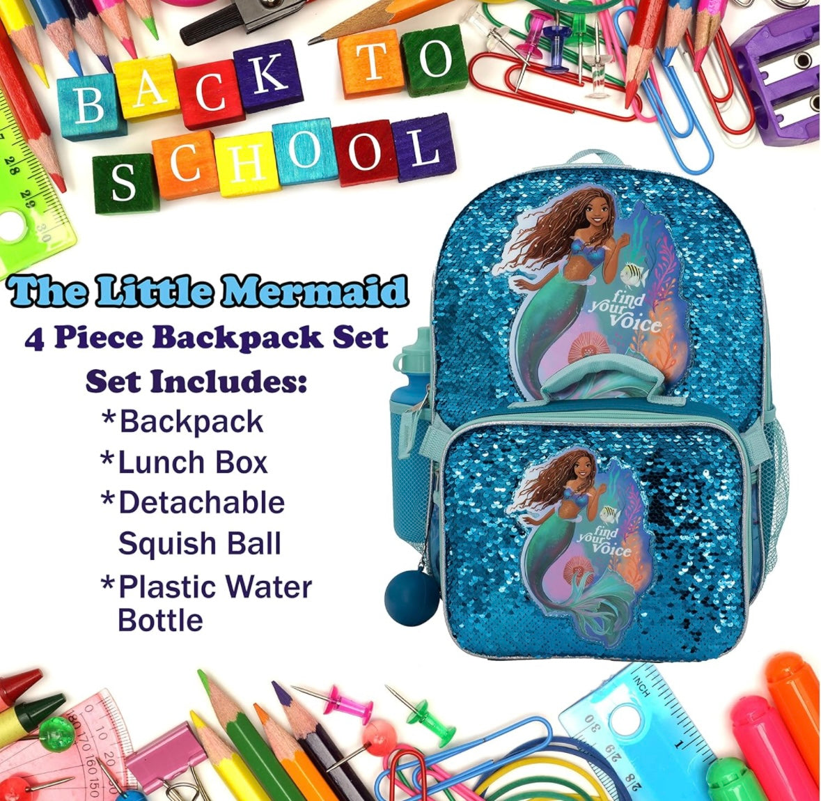 16” Little Mermaid 4 Piece Backpack Set