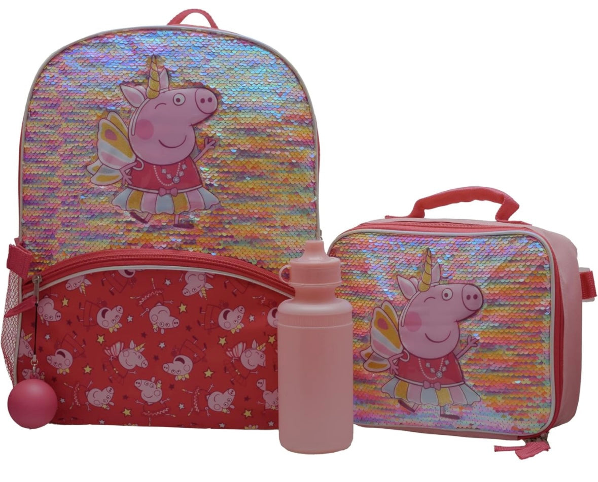 16” Peppa Pig 4 Piece Backpack Set Sequin Flip