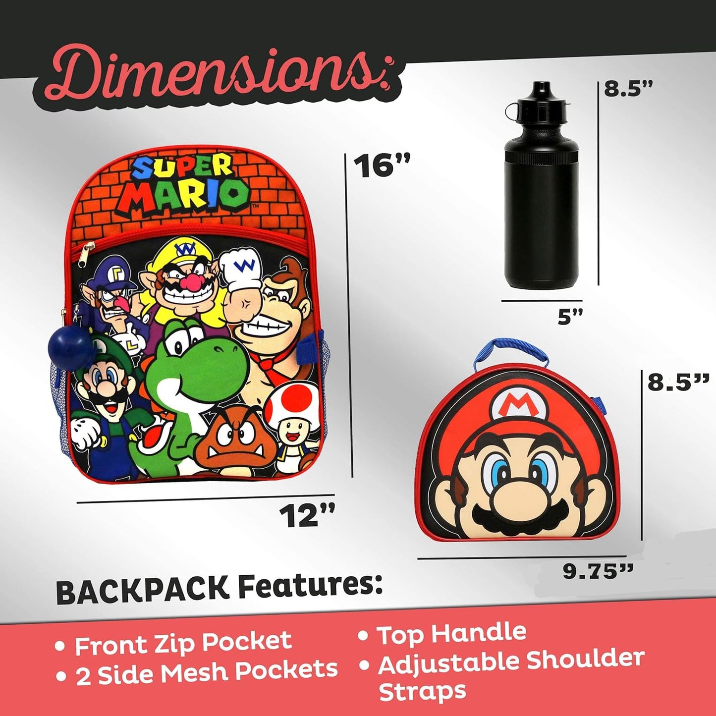 16" Mario Bros 4 Piece Backpack Set for Boys & Girls