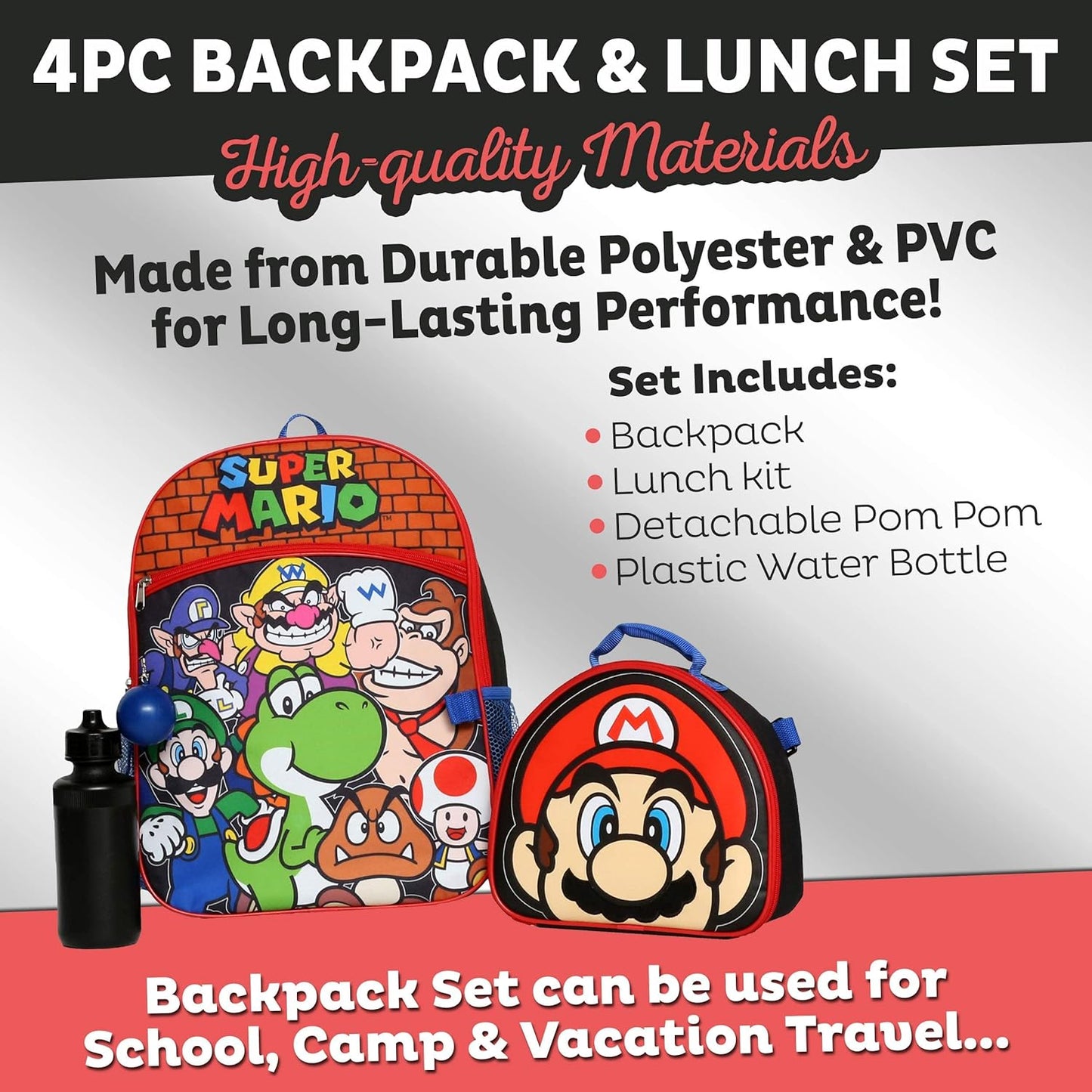 16" Mario Bros 4 Piece Backpack Set for Boys & Girls