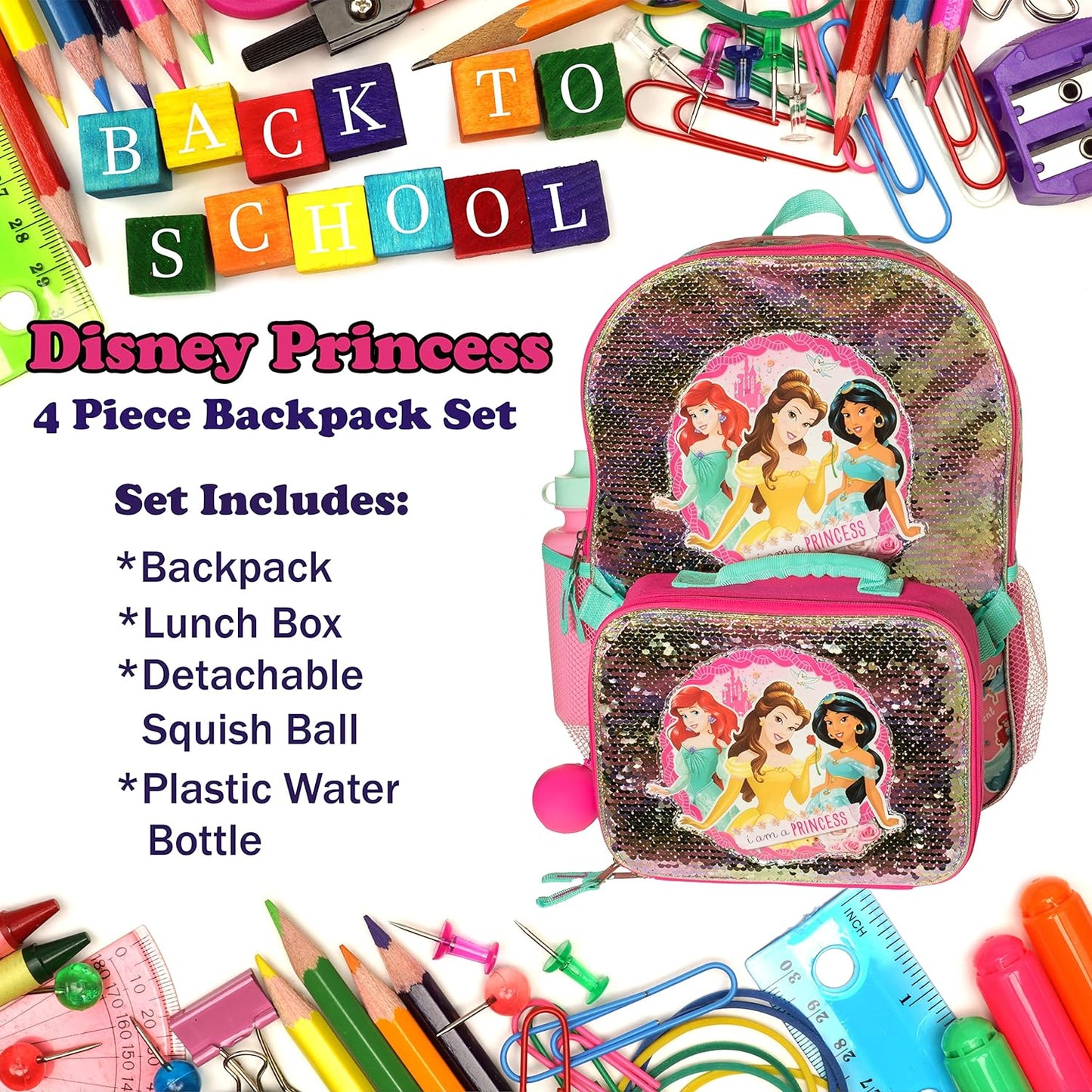 16" Disney Princess 4 Piece Backpack Set Flip Sequin