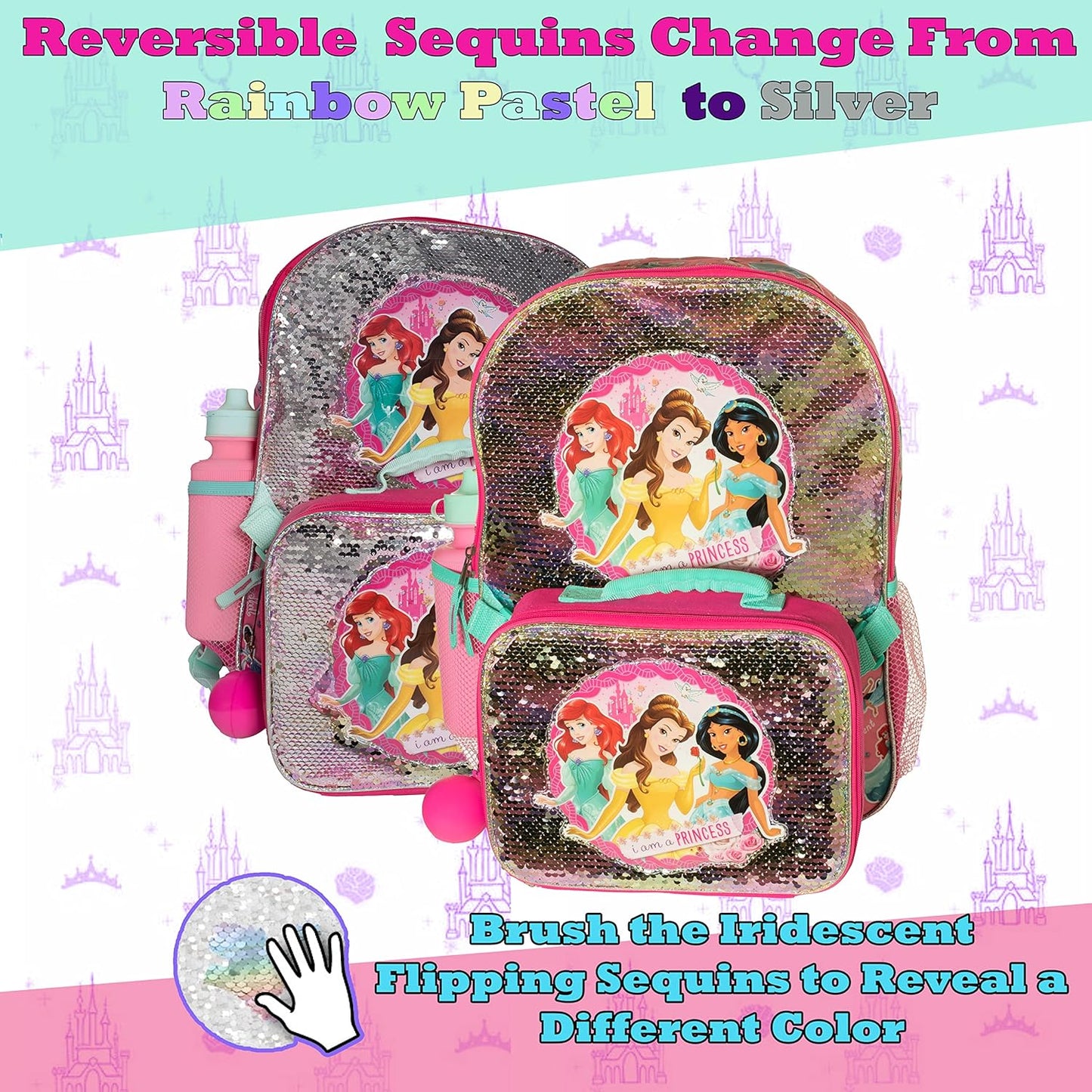 16" Disney Princess 4 Piece Backpack Set Flip Sequin