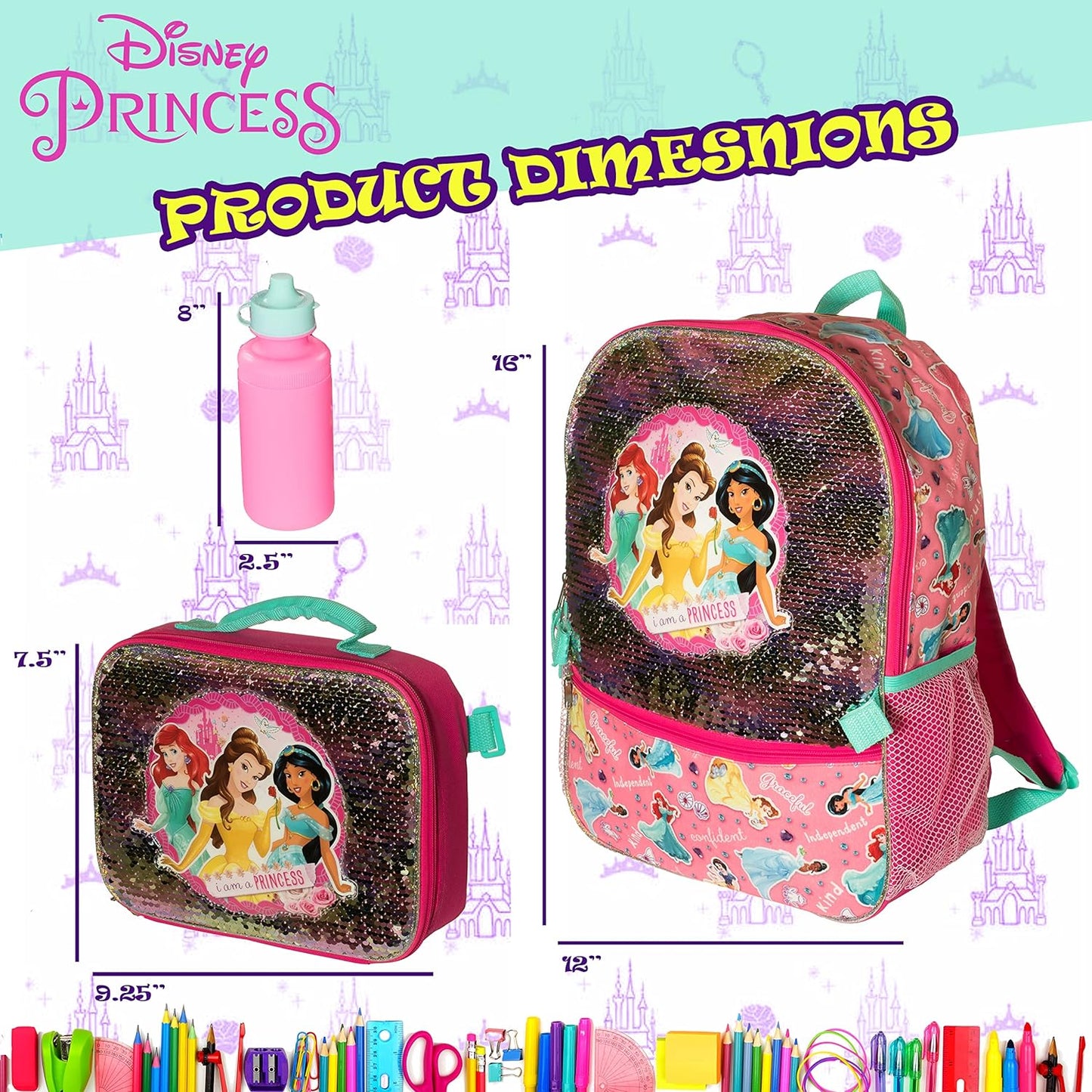 16" Disney Princess 4 Piece Backpack Set Flip Sequin