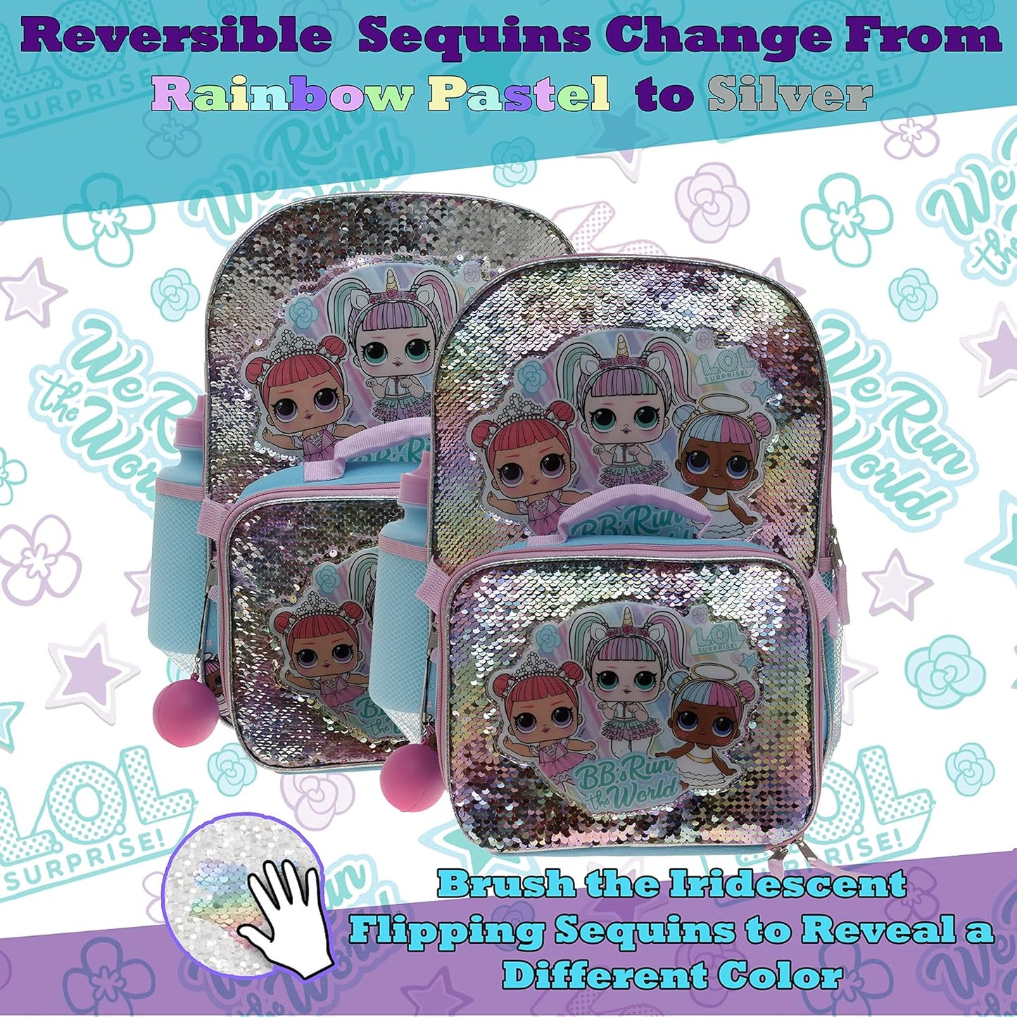 16" LOL Surprise Girls 4 Piece Backpack Set Sequin Flip