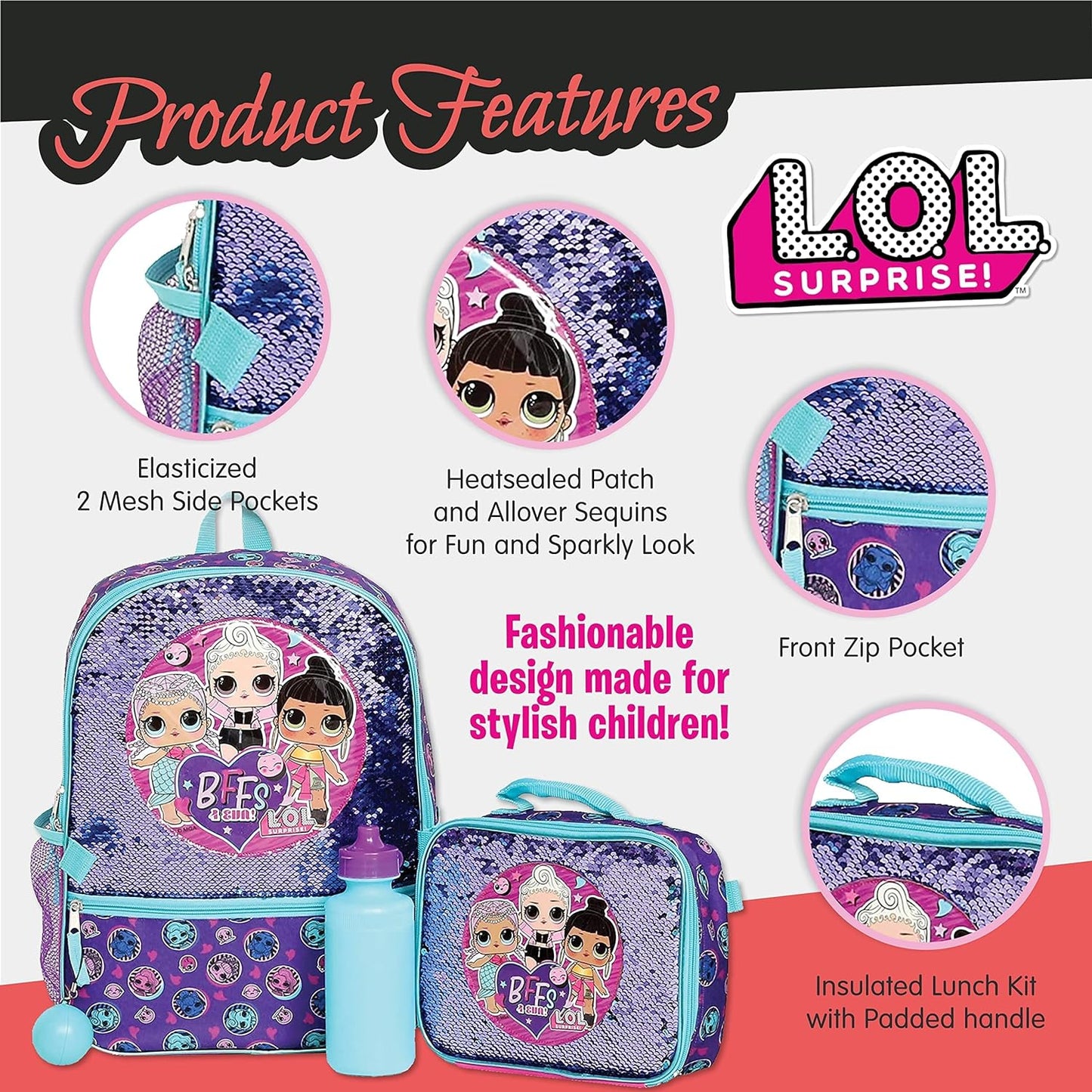 16" LOL Surprise BFFs Girls 4 Piece Backpack Set Sequin Flip