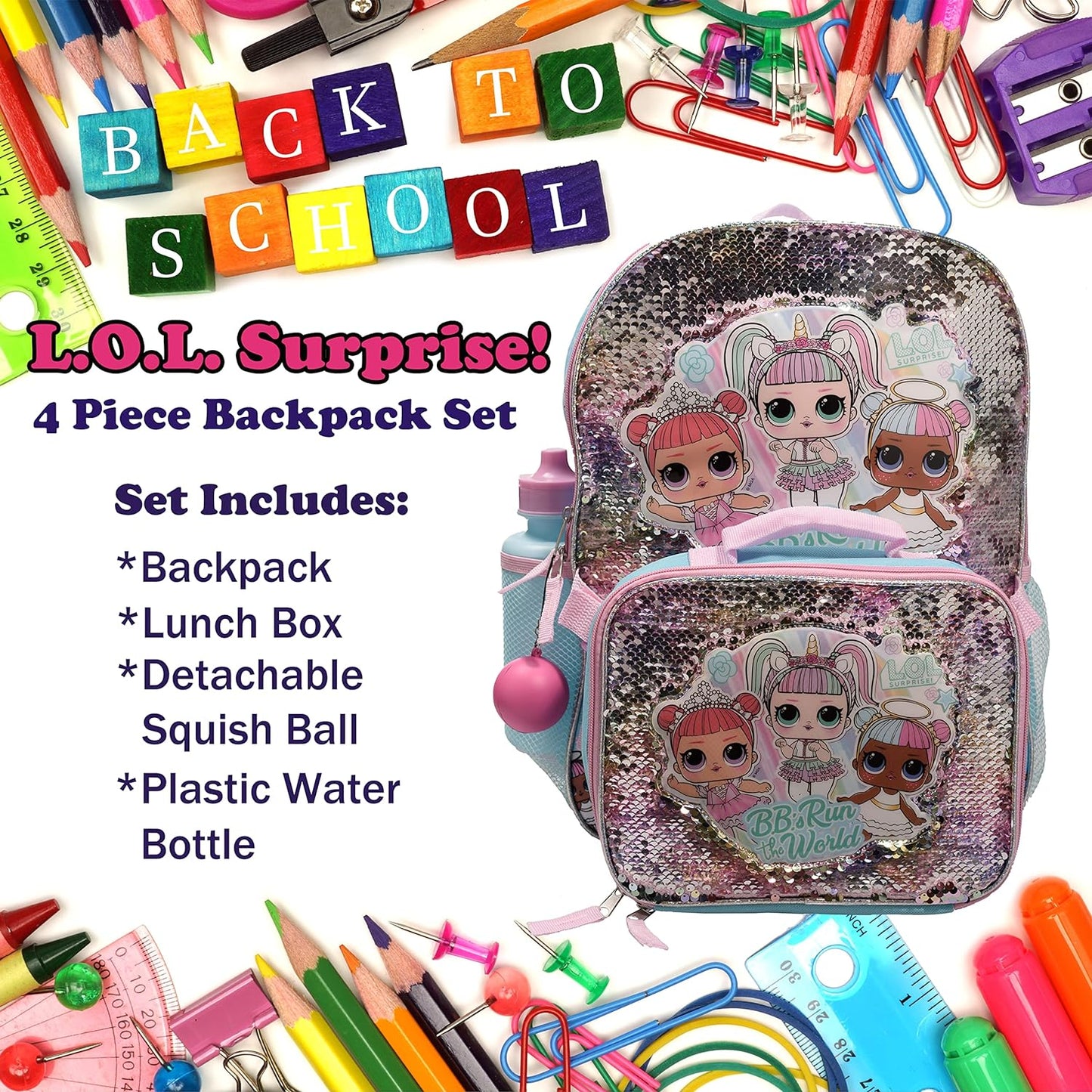 16" LOL Surprise Girls 4 Piece Backpack Set Sequin Flip