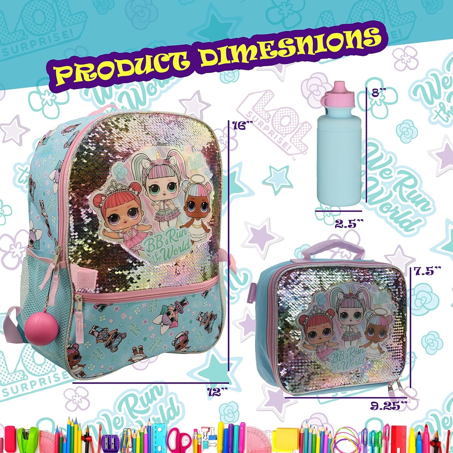 16" LOL Surprise Girls 4 Piece Backpack Set Sequin Flip