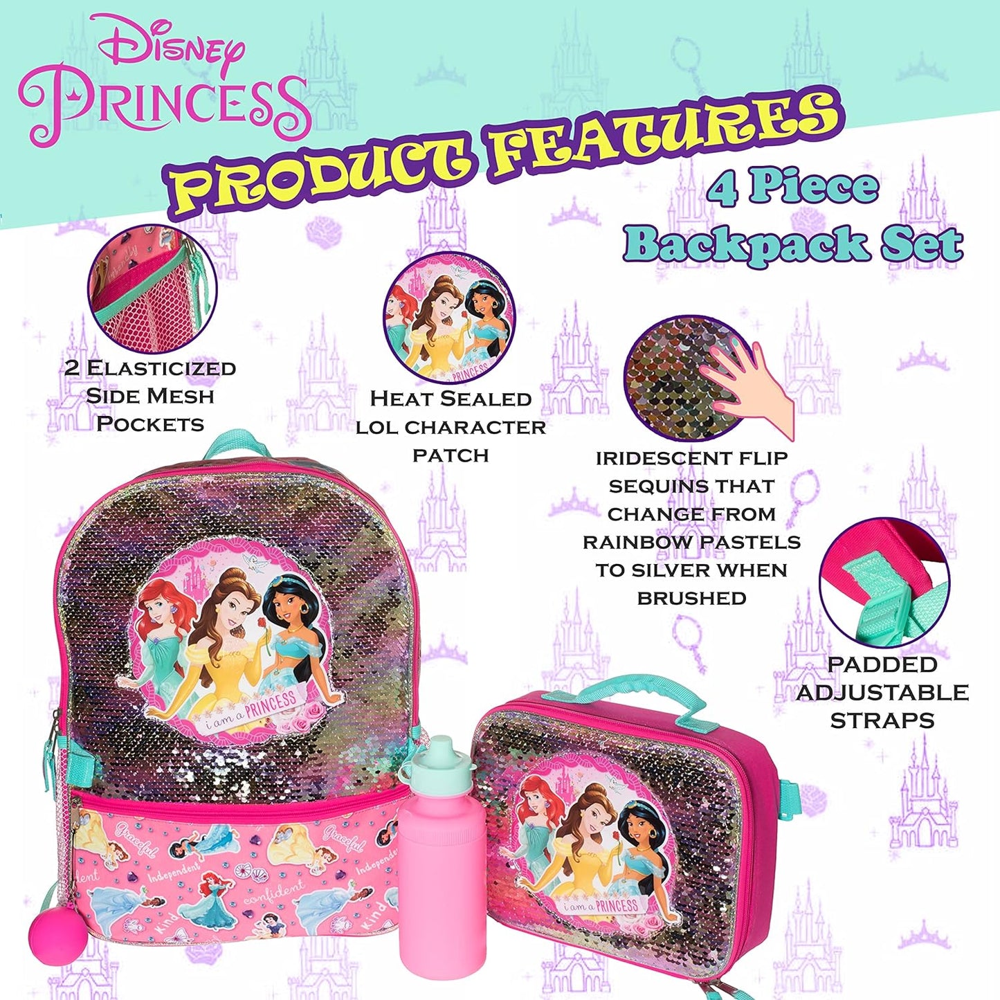 16" Disney Princess 4 Piece Backpack Set Flip Sequin